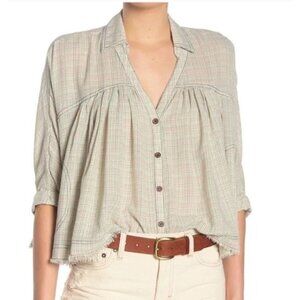 We The Free Checkered Blouse in Cream and Brown